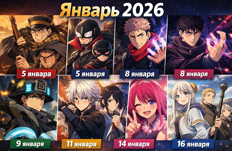 Аниме января 2026 — коллаж с датами выхода Golden Kamuy, Vigilantes, Jujutsu Kaisen, Fire Force, Hell’s Paradise, Oshi no Ko и Frieren